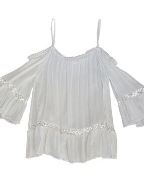 Loveriche Women's Cold Shoulder White Rayon Tiered Bell Sleeve Blouse Sz S Boho